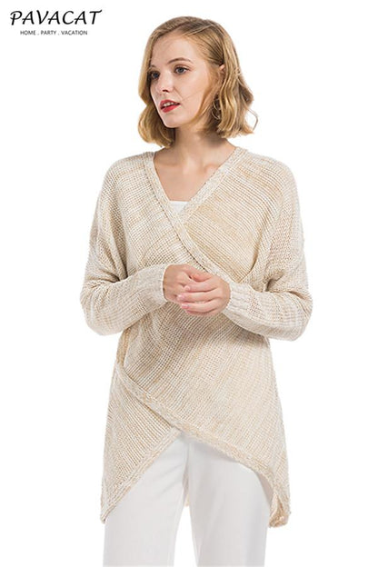 Creamtopmall Casual V Neck Front Cross Weekend Sweater - Light Gray