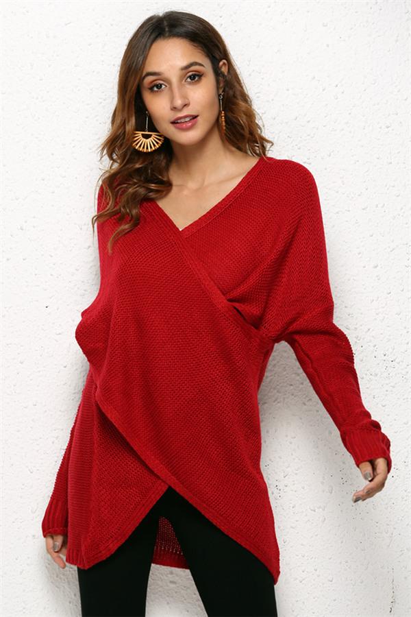 Creamtopmall Casual V Neck Front Cross Weekend Sweater - Red