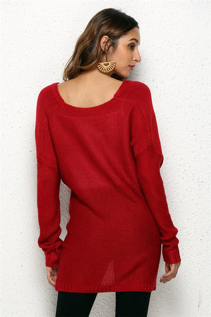 Creamtopmall Casual V Neck Front Cross Weekend Sweater - Red