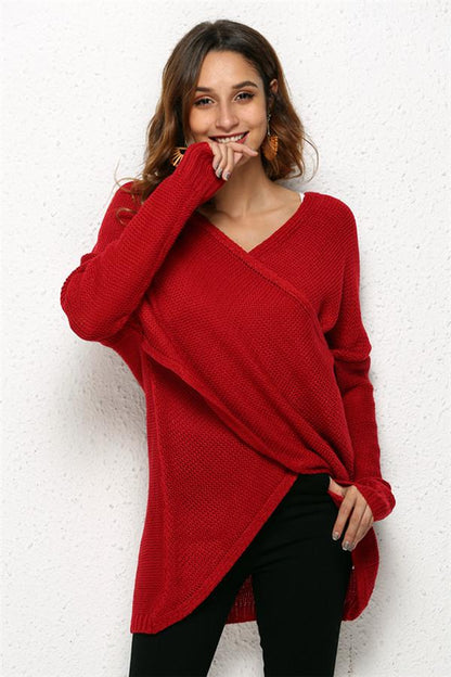 Creamtopmall Casual V Neck Front Cross Weekend Sweater - Red