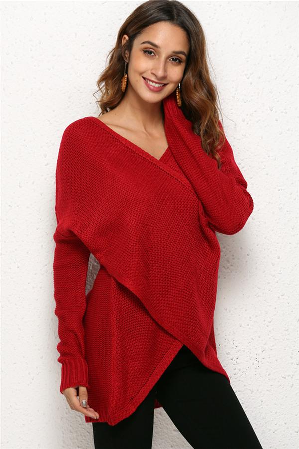 Creamtopmall Casual V Neck Front Cross Weekend Sweater - Red