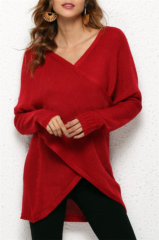 Creamtopmall Casual V Neck Front Cross Weekend Sweater - Red