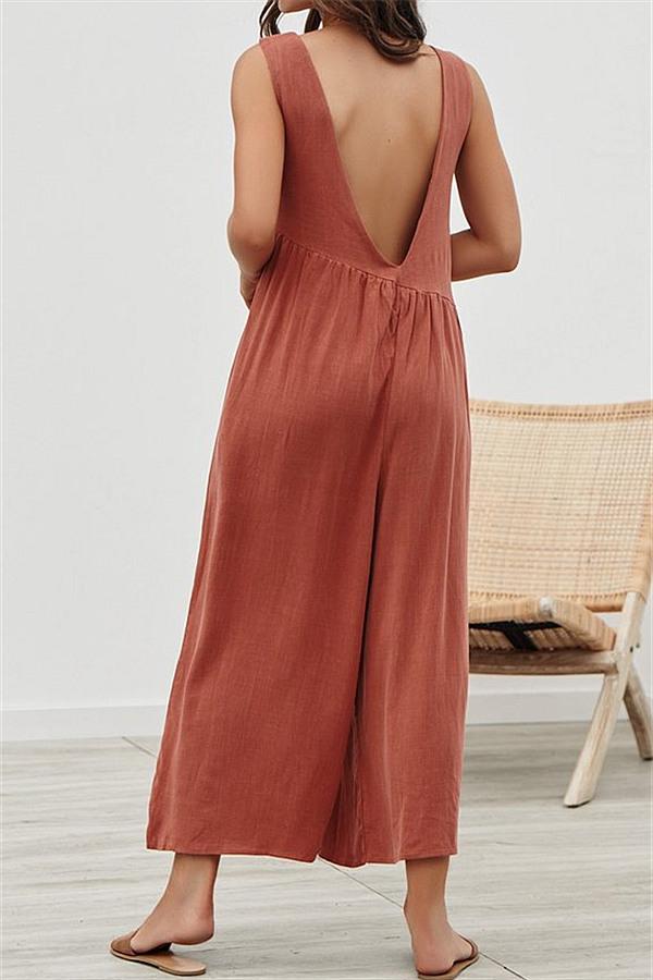 creamtopmall Casual Vest Wide Leg Jumpsuit - Armygreen