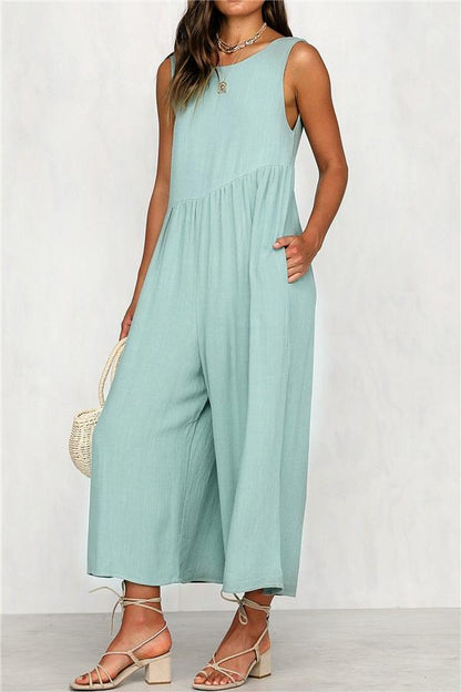 creamtopmall Casual Vest Wide Leg Jumpsuit - Armygreen