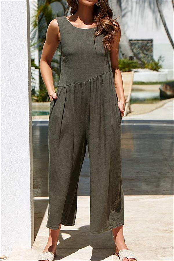 creamtopmall Casual Vest Wide Leg Jumpsuit - Armygreen