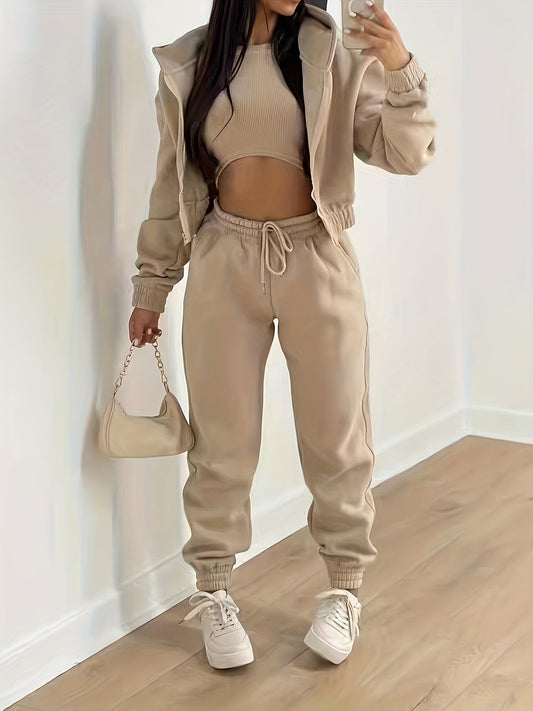 Creamtopmall Zip Up Hooded Jacket & Tank Top & Jogger Pants Three-piece Set Outfits