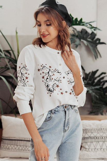 Creamtopmall Chic O-neck Floral Print Blouse Shirt