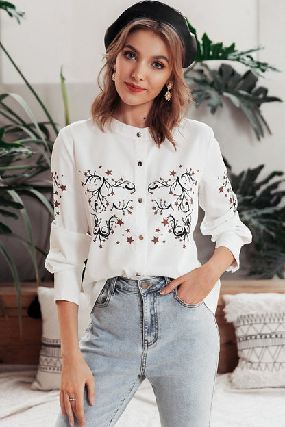 Creamtopmall Chic O-neck Floral Print Blouse Shirt