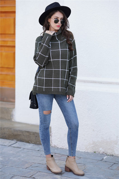 Creamtopmall Chic Turtleneck Loose Plaid Sweater - Red