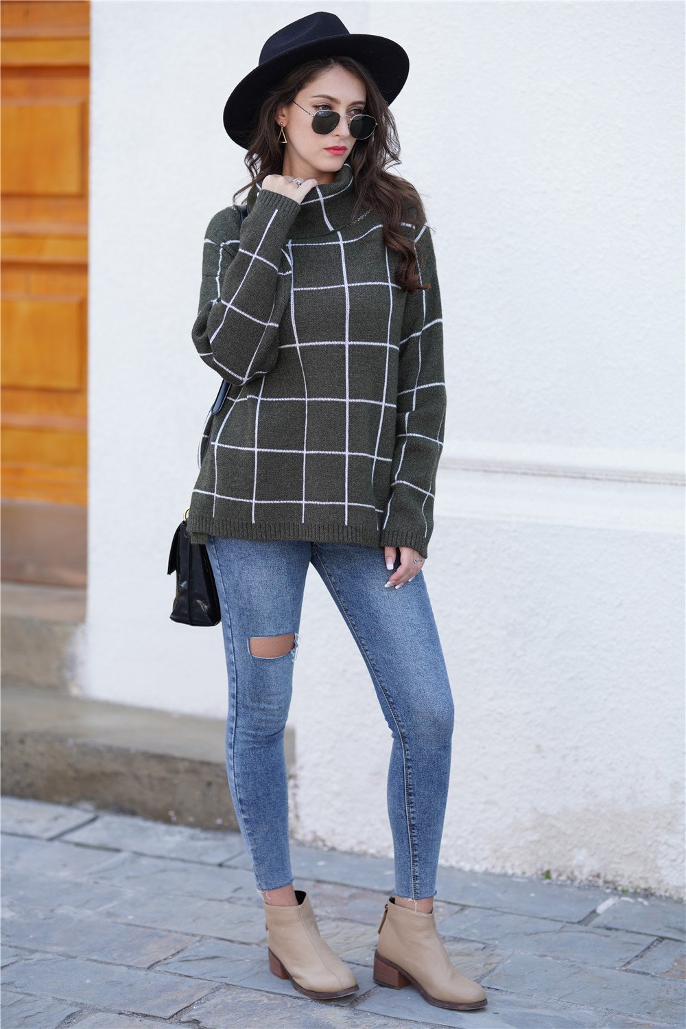 Creamtopmall Chic Turtleneck Loose Plaid Sweater