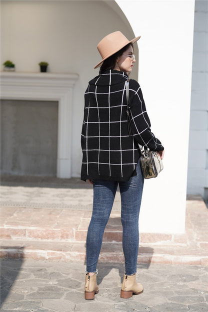 Creamtopmall Chic Turtleneck Loose Plaid Sweater