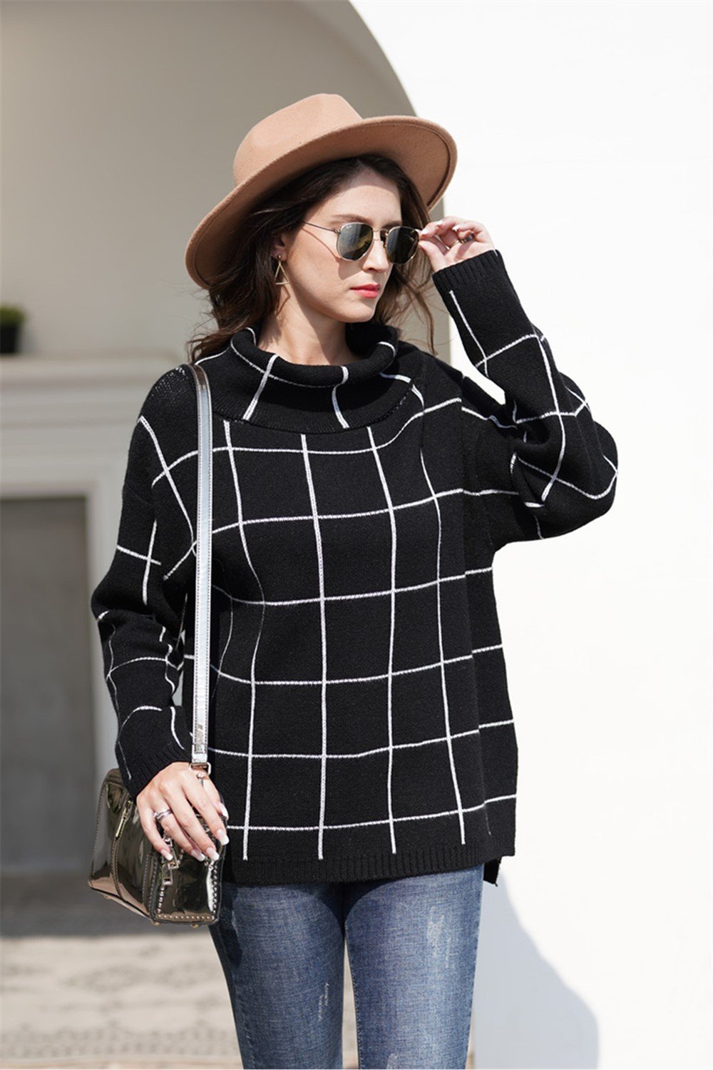 Creamtopmall Chic Turtleneck Loose Plaid Sweater