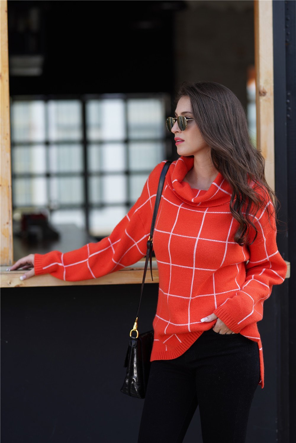 Creamtopmall Chic Turtleneck Loose Plaid Sweater - Red