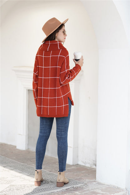 Creamtopmall Chic Turtleneck Loose Plaid Sweater - Red