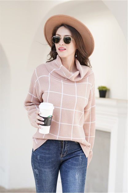 Creamtopmall Chic Turtleneck Loose Plaid Sweater