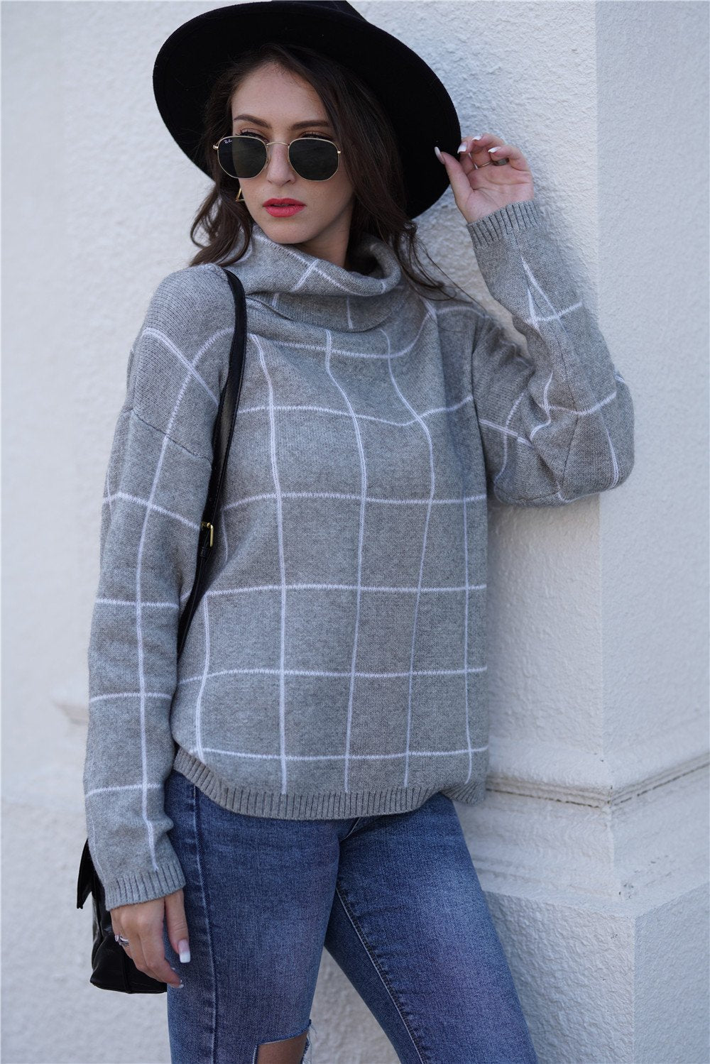 Creamtopmall Chic Turtleneck Loose Plaid Sweater