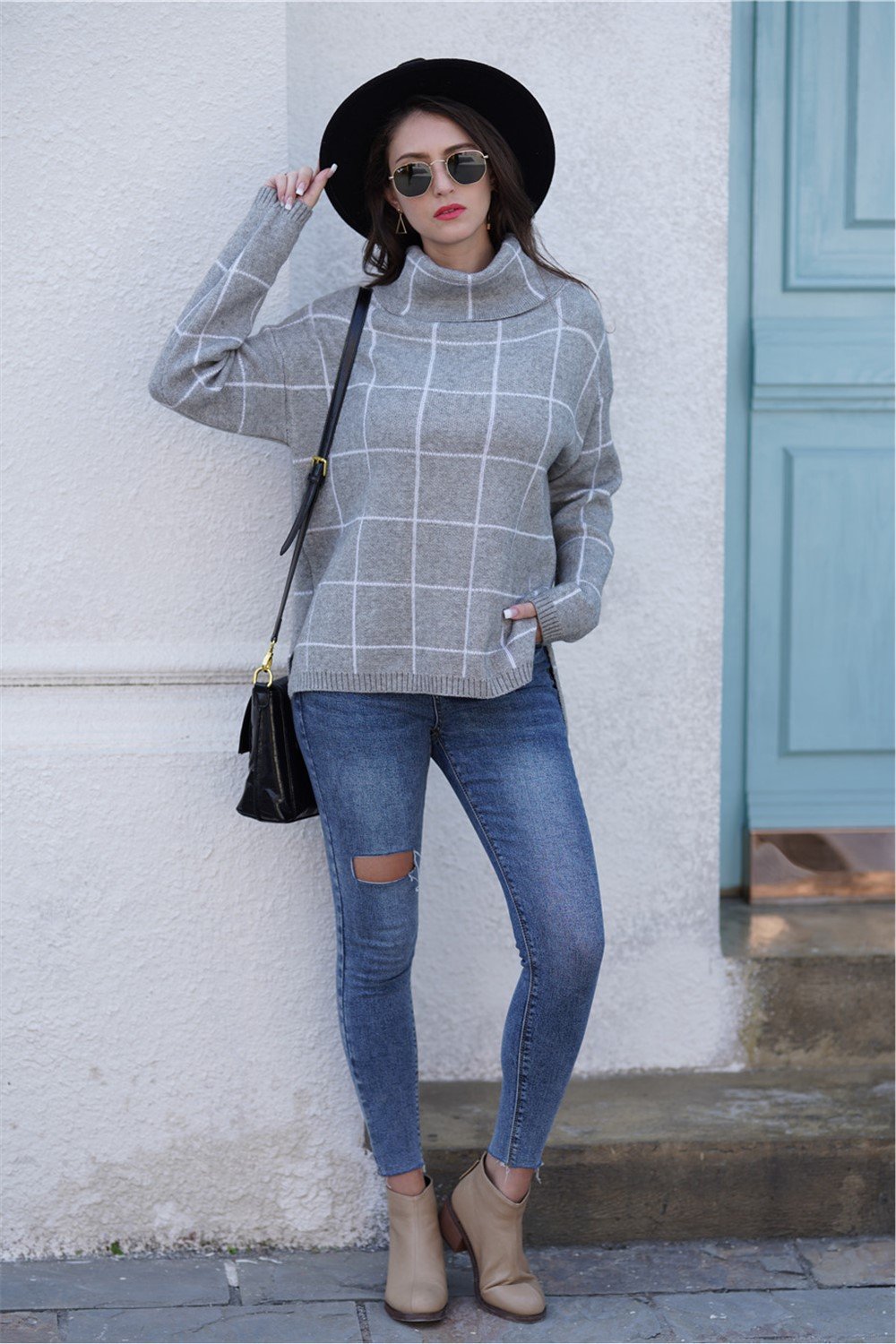 Creamtopmall Chic Turtleneck Loose Plaid Sweater - Khaki