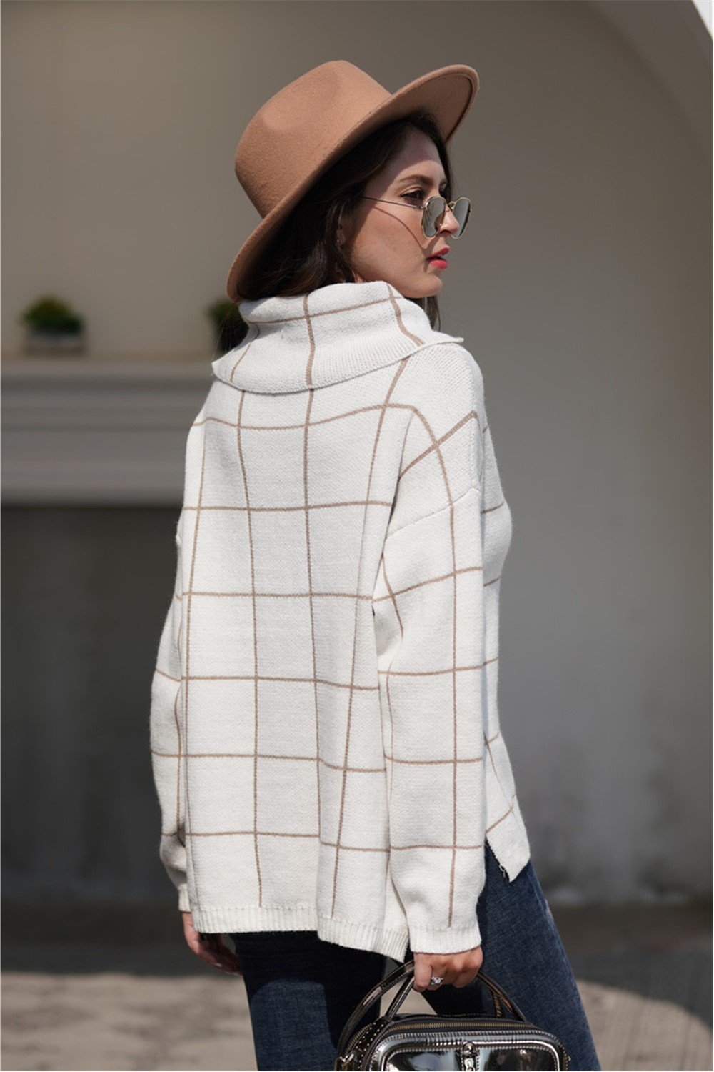 Creamtopmall Chic Turtleneck Loose Plaid Sweater