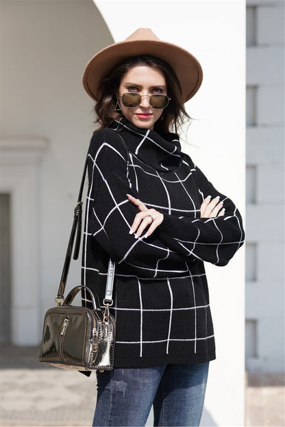 Creamtopmall Chic Turtleneck Loose Plaid Sweater