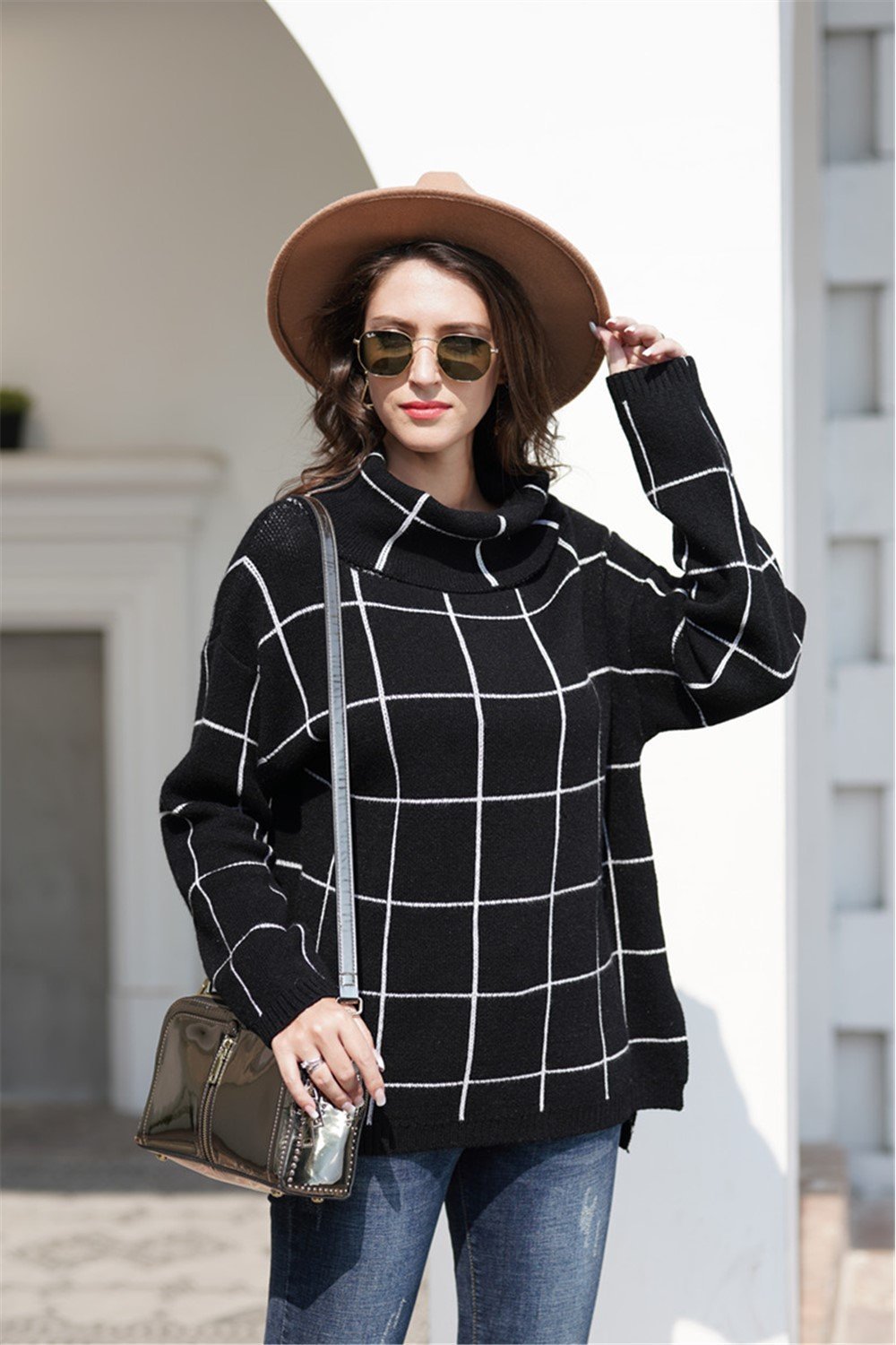 Creamtopmall Chic Turtleneck Loose Plaid Sweater