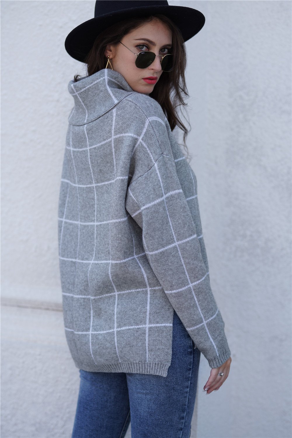 Creamtopmall Chic Turtleneck Loose Plaid Sweater