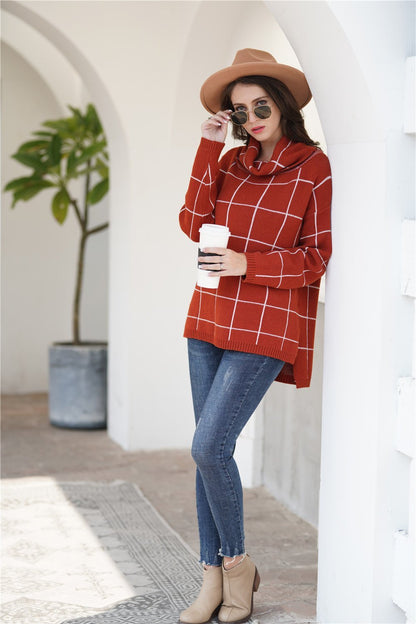 Creamtopmall Chic Turtleneck Loose Plaid Sweater