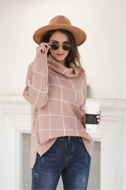 Creamtopmall Chic Turtleneck Loose Plaid Sweater - Khaki