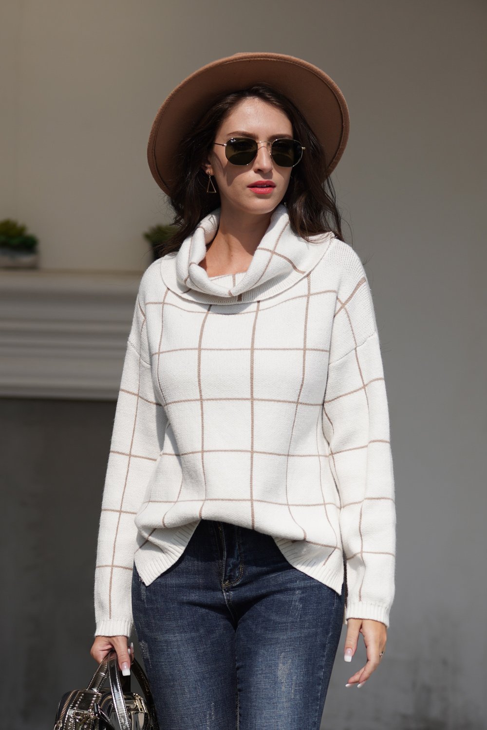 Creamtopmall Chic Turtleneck Loose Plaid Sweater