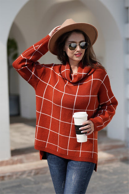 Creamtopmall Chic Turtleneck Loose Plaid Sweater