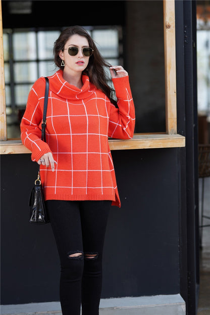 Creamtopmall Chic Turtleneck Loose Plaid Sweater