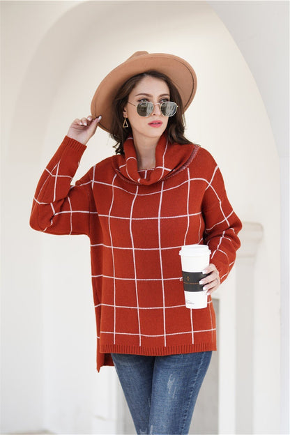 Creamtopmall Chic Turtleneck Loose Plaid Sweater