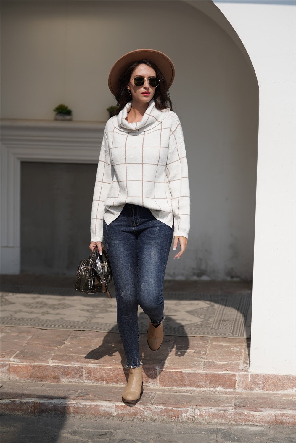 Creamtopmall Chic Turtleneck Loose Plaid Sweater