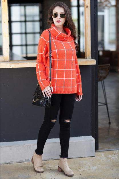 Creamtopmall Chic Turtleneck Loose Plaid Sweater