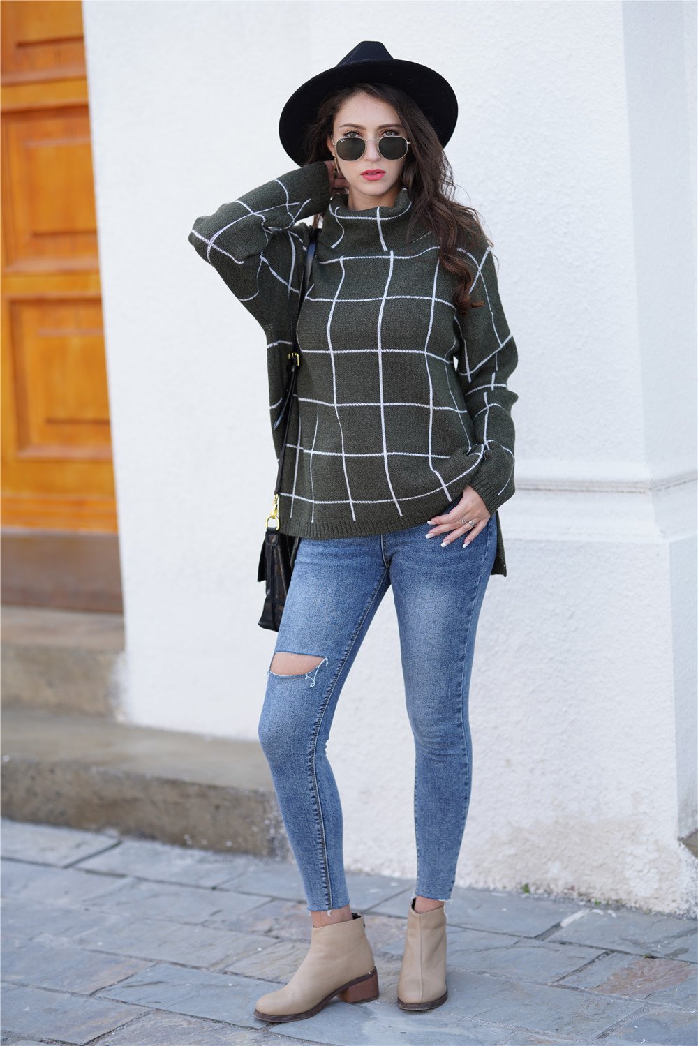 Creamtopmall Chic Turtleneck Loose Plaid Sweater - Khaki