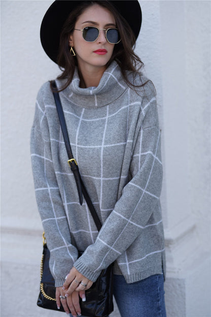 Creamtopmall Chic Turtleneck Loose Plaid Sweater