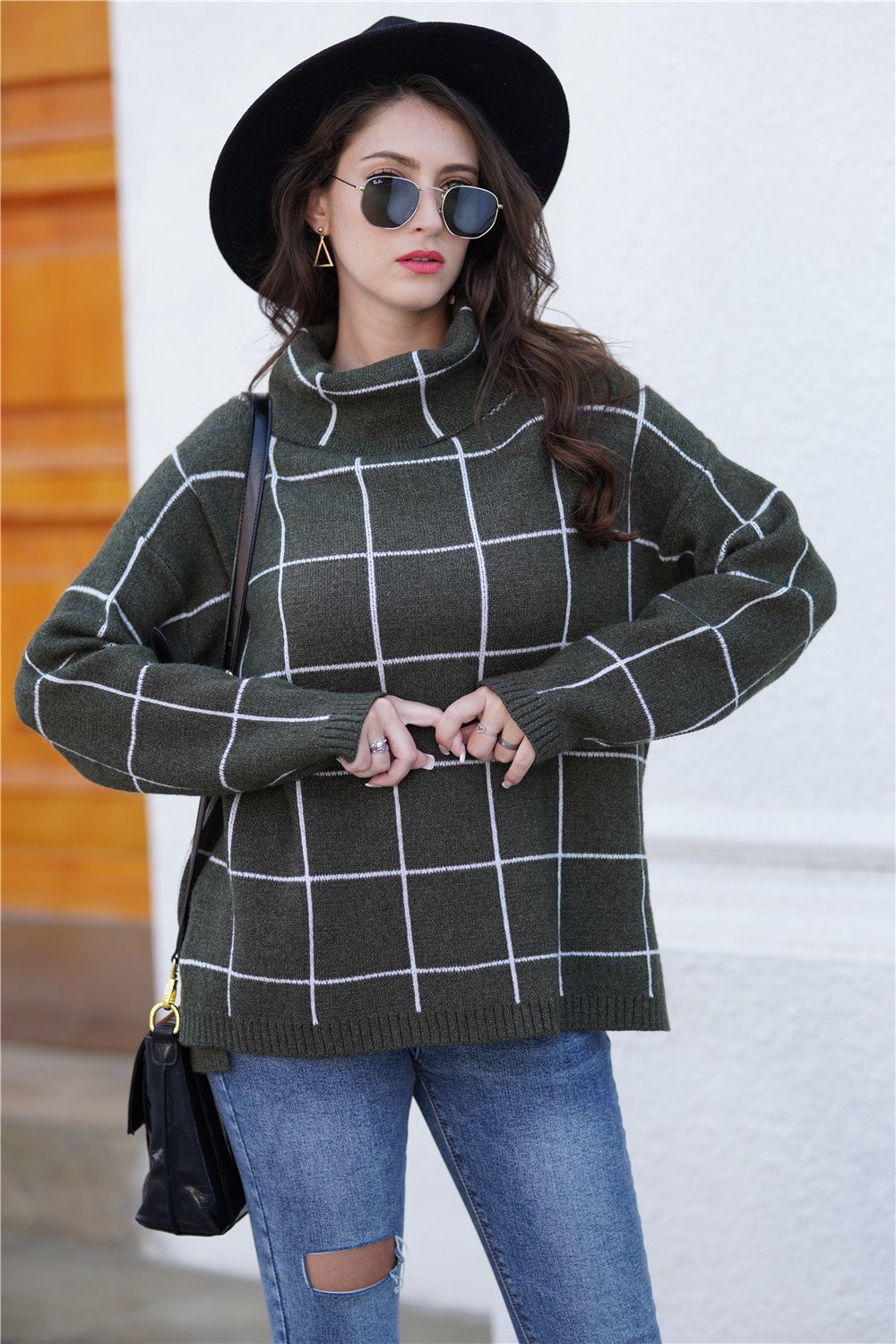 Creamtopmall Chic Turtleneck Loose Plaid Sweater - Red