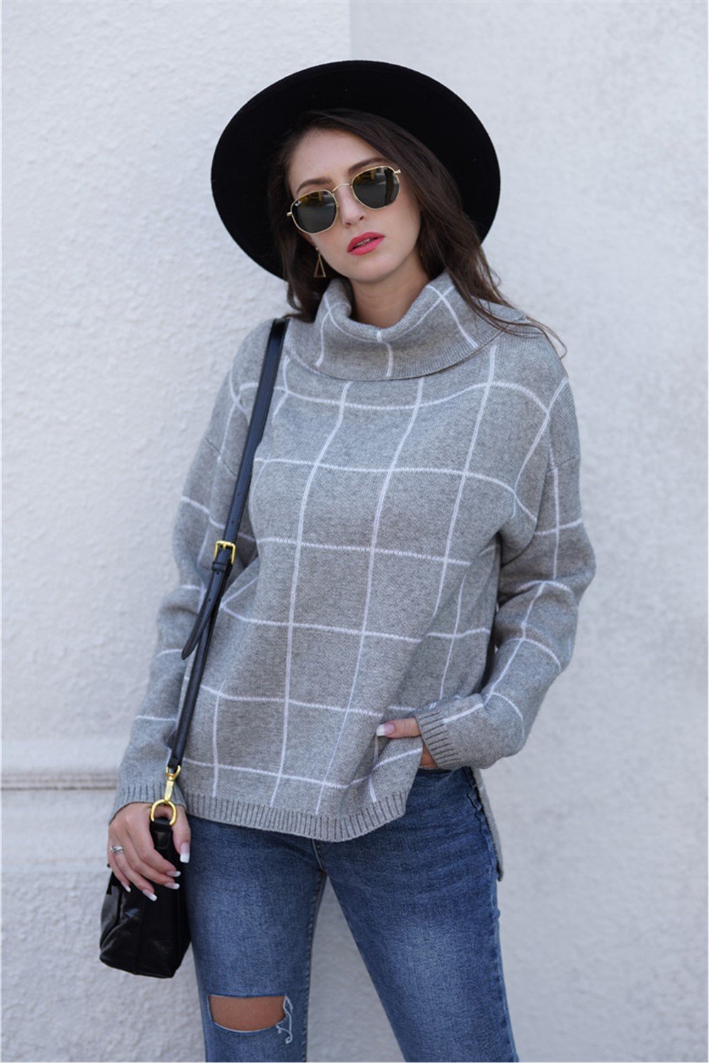 Creamtopmall Chic Turtleneck Loose Plaid Sweater - Khaki