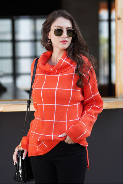 Creamtopmall Chic Turtleneck Loose Plaid Sweater