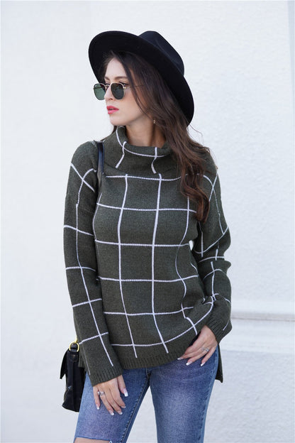 Creamtopmall Chic Turtleneck Loose Plaid Sweater - Khaki