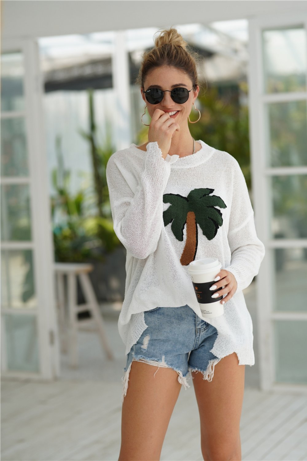 Creamtopmall Coconut Palm Drop Shoulder Sweater