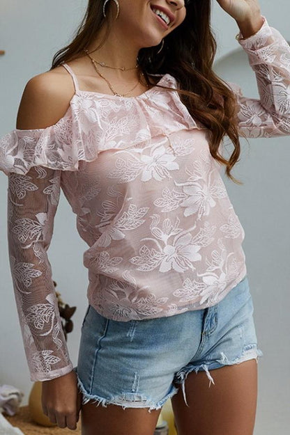 Creamtopmall Cold Shoulder Long-sleeved Lace Blouse