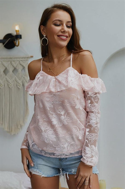 Creamtopmall Cold Shoulder Long-sleeved Lace Blouse