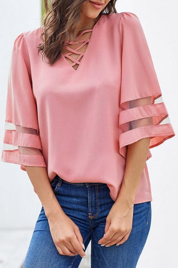 Creamtopmall Cropped Sleeves Hollow Loose Shirt