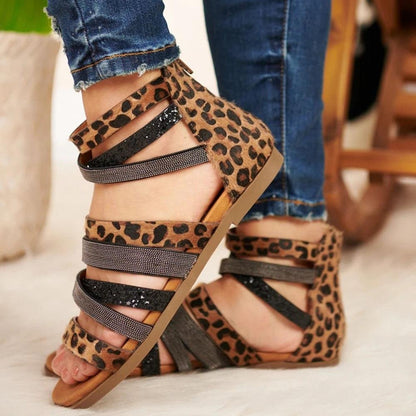 Creamtopmall Cross Bandage Leopard Rome Sandals