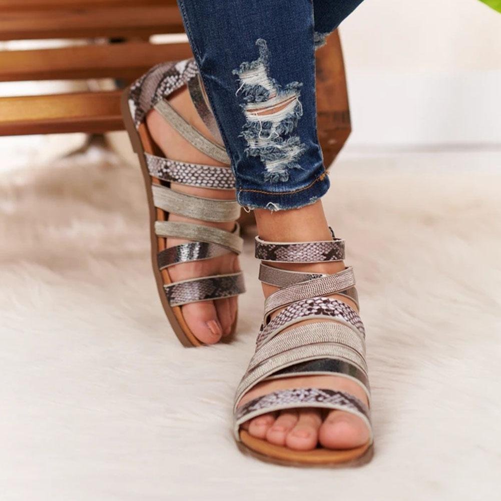 Creamtopmall Cross Bandage Leopard Rome Sandals