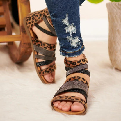 Creamtopmall Cross Bandage Leopard Rome Sandals