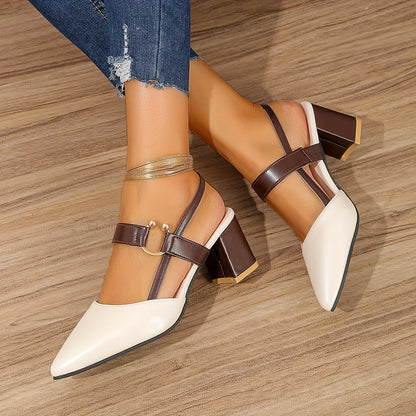 Creamtopmall Pointed Toe Block Slingback Versatile Mid Heels Sandals