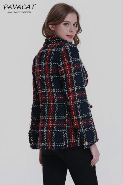 Creamtopmall Double Breasted Frayed Checked Tweed Blazer