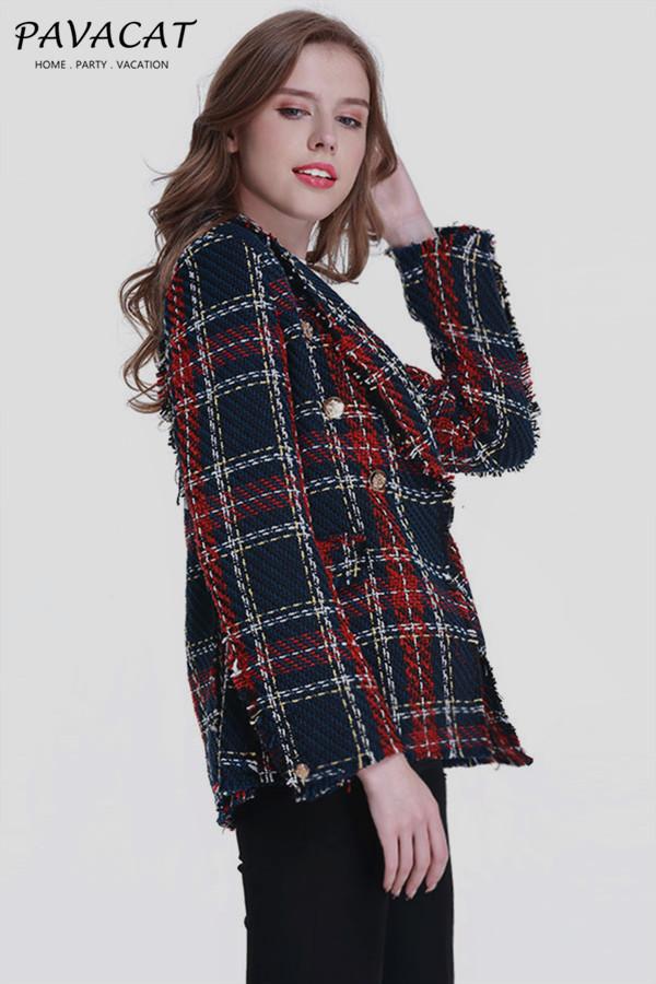 Creamtopmall Double Breasted Frayed Checked Tweed Blazer