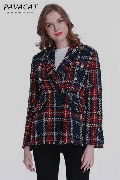 Creamtopmall Double Breasted Frayed Checked Tweed Blazer